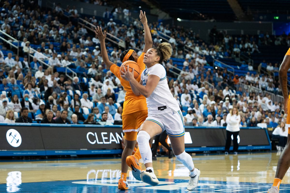 UCLA Bruins guard KiKi Rice (1) attacks her defender off the dribble during an NCAA basketball game against the Tennessee Lady Volunteers on Sunday, November 30, 2025 at Pauley Pavilion in Los Angeles, Calif. UCLA Bruins guard KiKi Rice (1) attacks her defender off the dribble during an NCAA basketball game against the Tennessee Lady Volunteers on Sunday, November 30, 2025 at Pauley Pavilion in Los Angeles, Calif.