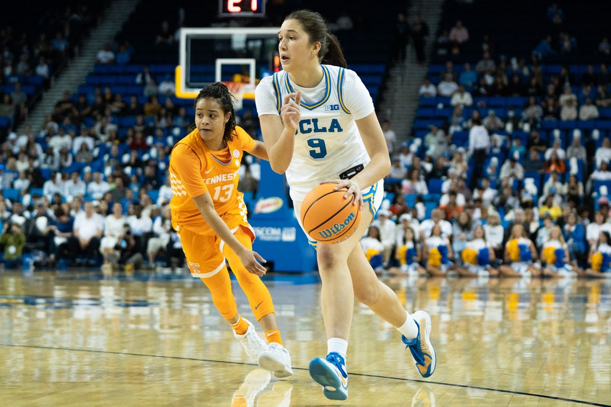 UCLA Bruins guard Lena Bilic (9) drives to the basket during an NCAA basketball game against the Tennessee Lady Volunteers on Sunday, November 30, 2025 at Pauley Pavilion in Los Angeles, Calif. UCLA Bruins guard Lena Bilic (9) drives to the basket during an NCAA basketball game against the Tennessee Lady Volunteers on Sunday, November 30, 2025 at Pauley Pavilion in Los Angeles, Calif.