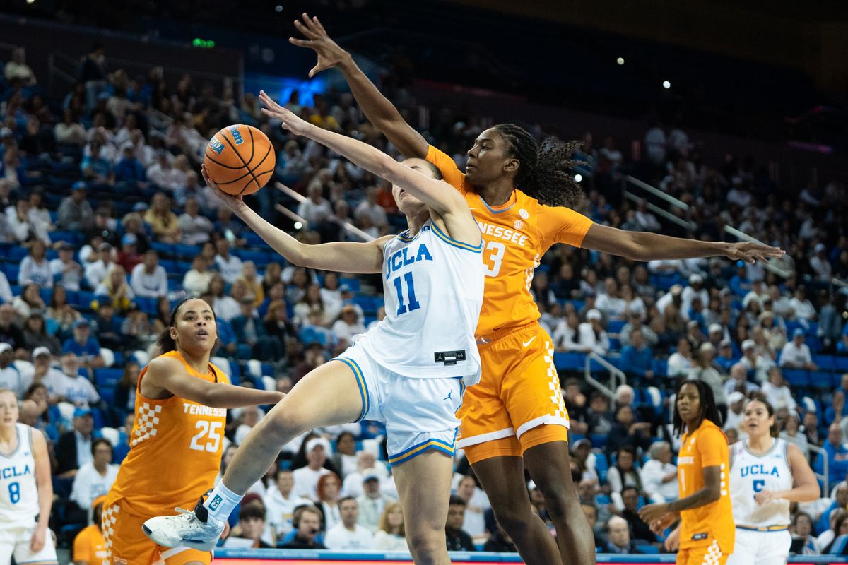 UCLA Bruins guard Gabriela Jaquez (11) drives to the basket and gets hit over her head for a foul during an NCAA basketball game against the Tennessee Lady Volunteers on Sunday, November 30, 2025 at Pauley Pavilion in Los Angeles, Calif. UCLA Bruins guard Gabriela Jaquez (11) drives to the basket and gets hit over her head for a foul during an NCAA basketball game against the Tennessee Lady Volunteers on Sunday, November 30, 2025 at Pauley Pavilion in Los Angeles, Calif.