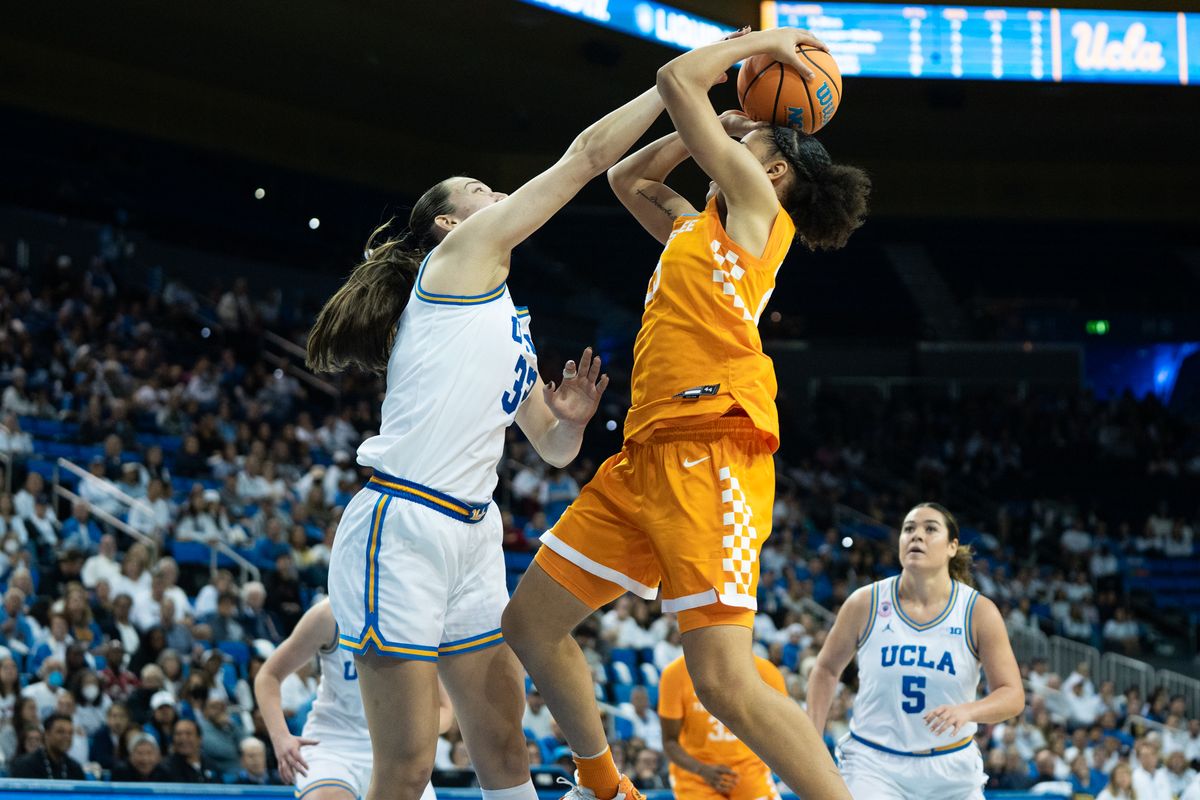 UCLA Bruins forward Amanda Muse (33) blocks a layup during an NCAA basketball game against the Tennessee Lady Volunteers on Sunday, November 30, 2025 at Pauley Pavilion in Los Angeles, Calif. UCLA Bruins forward Amanda Muse (33) blocks a layup during an NCAA basketball game against the Tennessee Lady Volunteers on Sunday, November 30, 2025 at Pauley Pavilion in Los Angeles, Calif.