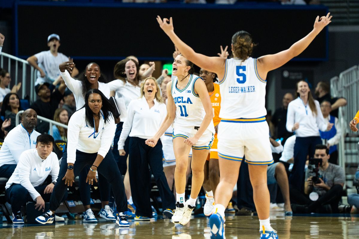 UCLA Bruins guard Gabriela Jaquez (11) goes crazy after hitting her 5th three of the night during an NCAA basketball game against the Tennessee Lady Volunteers on Sunday, November 30, 2025 at Pauley Pavilion in Los Angeles, Calif. UCLA Bruins guard Gabriela Jaquez (11) goes crazy after hitting her 5th three of the night during an NCAA basketball game against the Tennessee Lady Volunteers on Sunday, November 30, 2025 at Pauley Pavilion in Los Angeles, Calif.