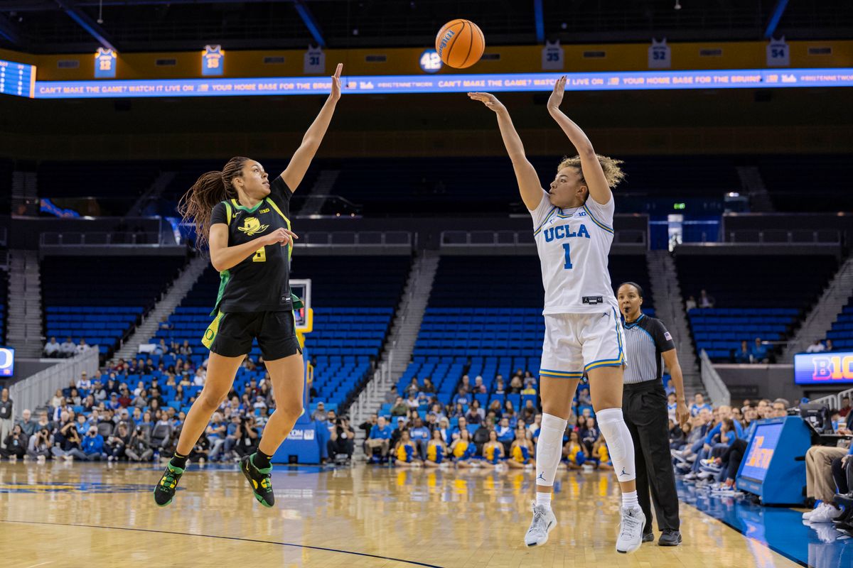 Guard Kiki Rice #1 of the UCLA Bruins shoots a three pointer during an NCAA basketball game against the Oregon Ducks, Sunday December 7, 2025 in Los Angeles, Calif. Guard Kiki Rice #1 of the UCLA Bruins shoots a three pointer during an NCAA basketball game against the Oregon Ducks, Sunday December 7, 2025 in Los Angeles, Calif.