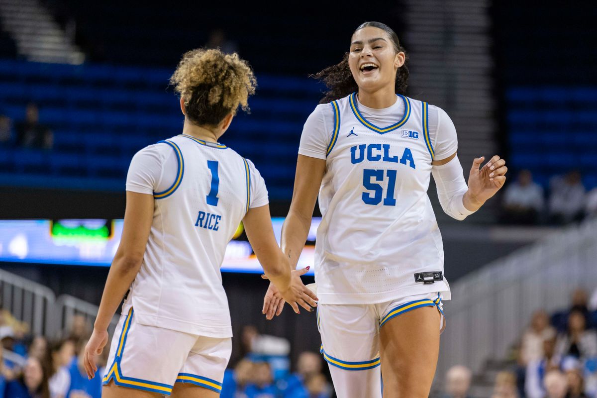 Center Lauren Betts #51 high fives guard Kiki Rice #1 of the UCLA Bruins during an NCAA basketball game against the Oregon Ducks, Sunday December 7, 2025 in Los Angeles, Calif. Center Lauren Betts #51 high fives guard Kiki Rice #1 of the UCLA Bruins during an NCAA basketball game against the Oregon Ducks, Sunday December 7, 2025 in Los Angeles, Calif.