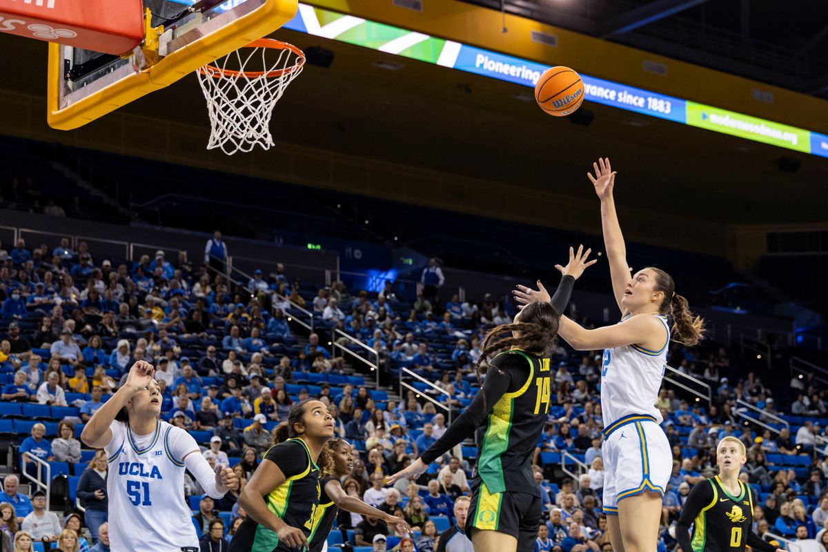 Forward Angela Dugalić #32 of the UCLA Bruins shoots the ball during an NCAA basketball game against the Oregon Ducks, Sunday December 7, 2025 in Los Angeles, Calif. Forward Angela Dugalić #32 of the UCLA Bruins shoots the ball during an NCAA basketball game against the Oregon Ducks, Sunday December 7, 2025 in Los Angeles, Calif.