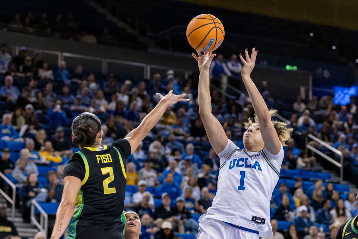 Guard Kiki Rice #1 of the UCLA Bruins shoots the ball during an NCAA basketball game against the Oregon Ducks, Sunday December 7, 2025 in Los Angeles, Calif. Guard Kiki Rice #1 of the UCLA Bruins shoots the ball during an NCAA basketball game against the Oregon Ducks, Sunday December 7, 2025 in Los Angeles, Calif.