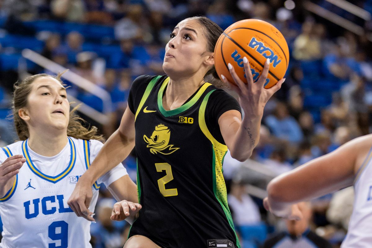 Guard Katie Fiso #2 of the Oregon Ducks drives towards the rim during an NCAA basketball game against the UCLA Bruins, Sunday December 7, 2025 in Los Angeles, Calif. Guard Katie Fiso #2 of the Oregon Ducks drives towards the rim during an NCAA basketball game against the UCLA Bruins, Sunday December 7, 2025 in Los Angeles, Calif.