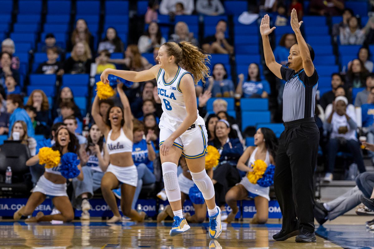 Guard Gianna Kneepkens #8 of the UCLA Bruins celebrates a made three point shot during an NCAA basketball game against the Oregon Ducks, Sunday December 7, 2025 in Los Angeles, Calif. Guard Gianna Kneepkens #8 of the UCLA Bruins celebrates a made three point shot during an NCAA basketball game against the Oregon Ducks, Sunday December 7, 2025 in Los Angeles, Calif.