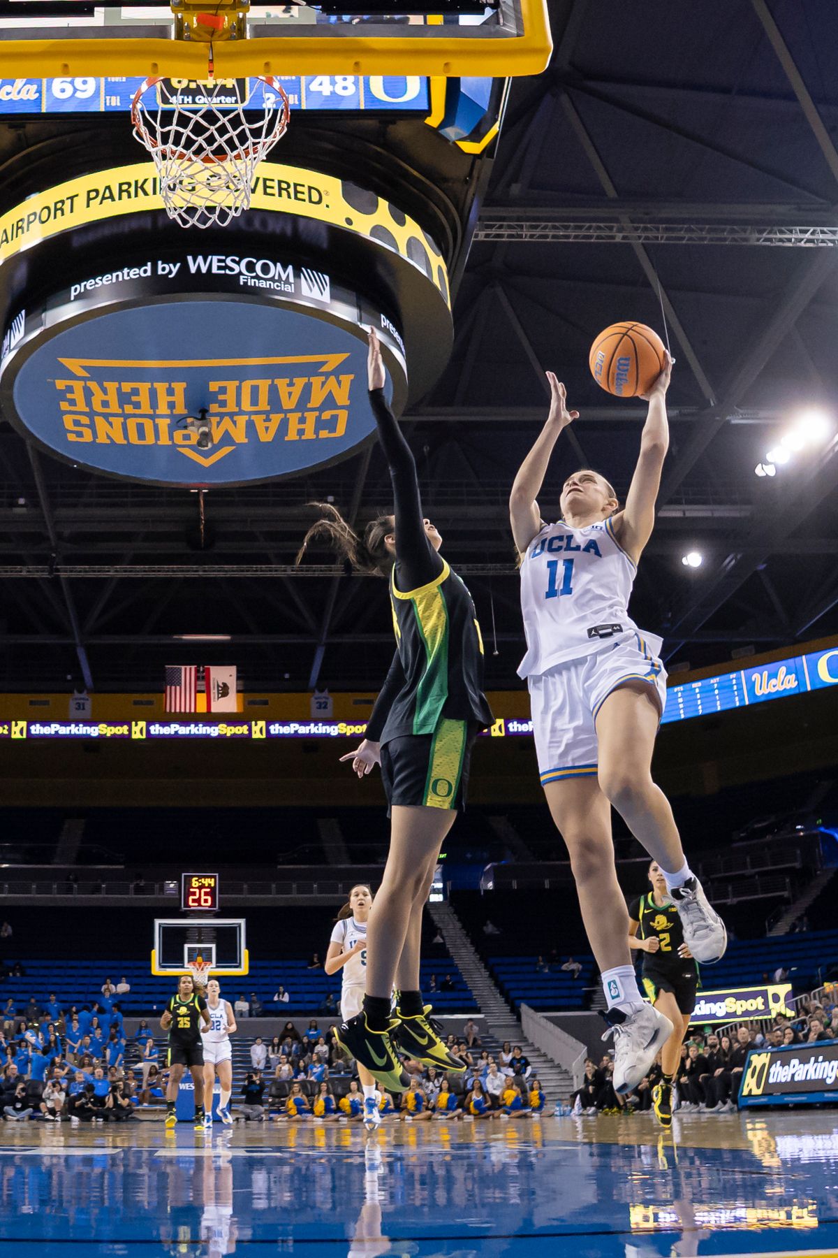 Guard Gabriela Jaquez #11 of the UCLA Bruins lays the ball up during an NCAA basketball game against the Oregon Ducks, Sunday December 7, 2025 in Los Angeles, Calif. Guard Gabriela Jaquez #11 of the UCLA Bruins lays the ball up during an NCAA basketball game against the Oregon Ducks, Sunday December 7, 2025 in Los Angeles, Calif.