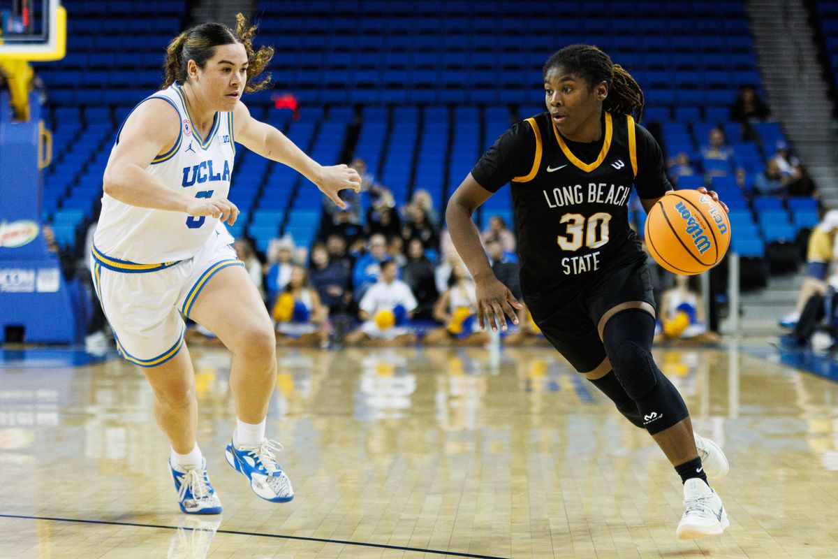Long Beach State guard JaQuoia Jones-Brown (30) dribbles the ball during an NCAA basketball game against the UCLA Bruins, Saturday December 20, 2025 in Los Angeles, Calif. Long Beach State guard JaQuoia Jones-Brown (30) dribbles the ball during an NCAA basketball game against the UCLA Bruins, Saturday December 20, 2025 in Los Angeles, Calif.