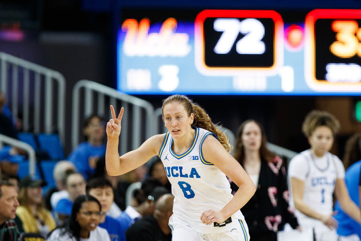 UCLA Bruins guard Gianna Kneepkens (8) celebrates after scoring a basket during an NCAA basketball game against Long Beach State, Saturday December 20, 2025 in Los Angeles, Calif. UCLA Bruins guard Gianna Kneepkens (8) celebrates after scoring a basket during an NCAA basketball game against Long Beach State, Saturday December 20, 2025 in Los Angeles, Calif.