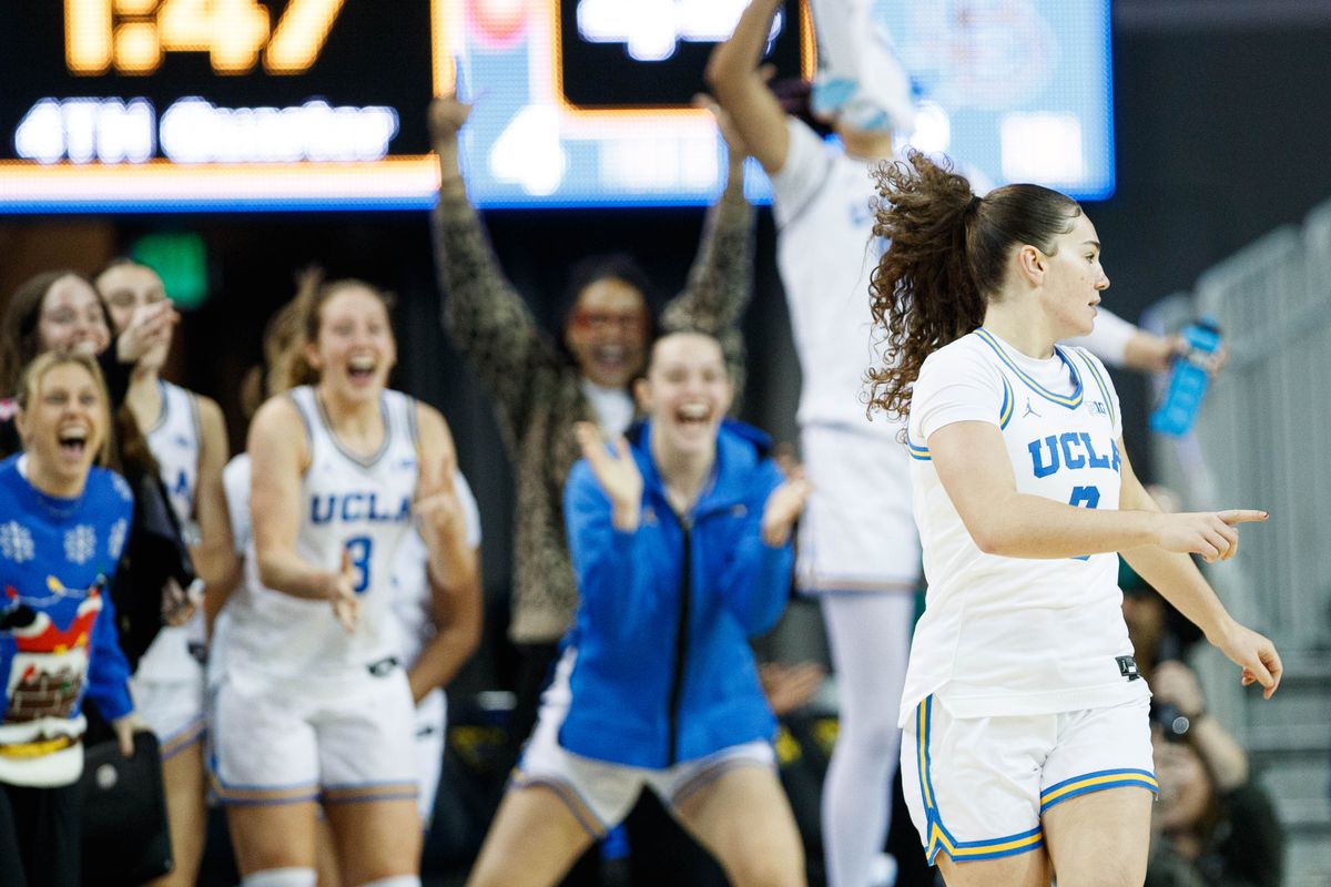 UCLA Bruins guard Christina Karamouzi (3) reacts after scoring a basket during an NCAA basketball game against Long Beach State, Saturday December 20, 2025 in Los Angeles, Calif. UCLA Bruins guard Christina Karamouzi (3) reacts after scoring a basket during an NCAA basketball game against Long Beach State, Saturday December 20, 2025 in Los Angeles, Calif.