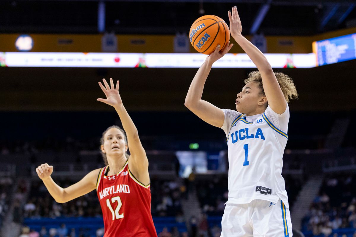 Kiki Rice #1 of the UCLA Bruins shoots the ball during an NCAA basketball game against the Maryland Terrapins, Sunday January 18, 2026 in Los Angeles, Calif.
