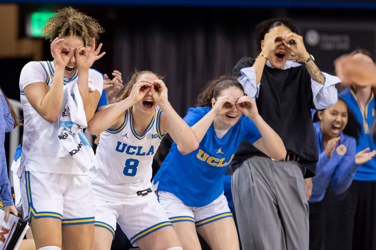 Kiki Rice #1, Gianna Kneepkens #8, and the UCLA Bruins bench celebrate on the sidelines during an NCAA basketball game against the Maryland Terrapins, Sunday January 18, 2026 in Los Angeles, Calif. Kiki Rice #1, Gianna Kneepkens #8, and the UCLA Bruins bench celebrate on the sidelines during an NCAA basketball game against the Maryland Terrapins, Sunday January 18, 2026 in Los Angeles, Calif.