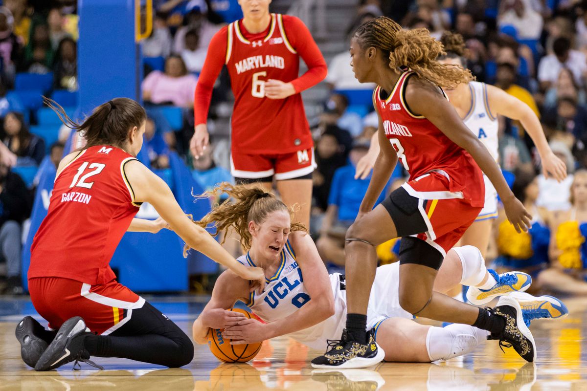 Gianna Kneepkens #8 of the UCLA Bruins dives for a loose ball during an NCAA basketball game against the Maryland Terrapins, Sunday January 18, 2026 in Los Angeles, Calif. Gianna Kneepkens #8 of the UCLA Bruins dives for a loose ball during an NCAA basketball game against the Maryland Terrapins, Sunday January 18, 2026 in Los Angeles, Calif.