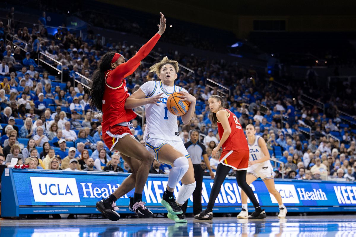Kiki Rice #1 of the UCLA Bruins drives towards the basket during an NCAA basketball game against the Maryland Terrapins, Sunday January 18, 2026 in Los Angeles, Calif. Kiki Rice #1 of the UCLA Bruins drives towards the basket during an NCAA basketball game against the Maryland Terrapins, Sunday January 18, 2026 in Los Angeles, Calif.