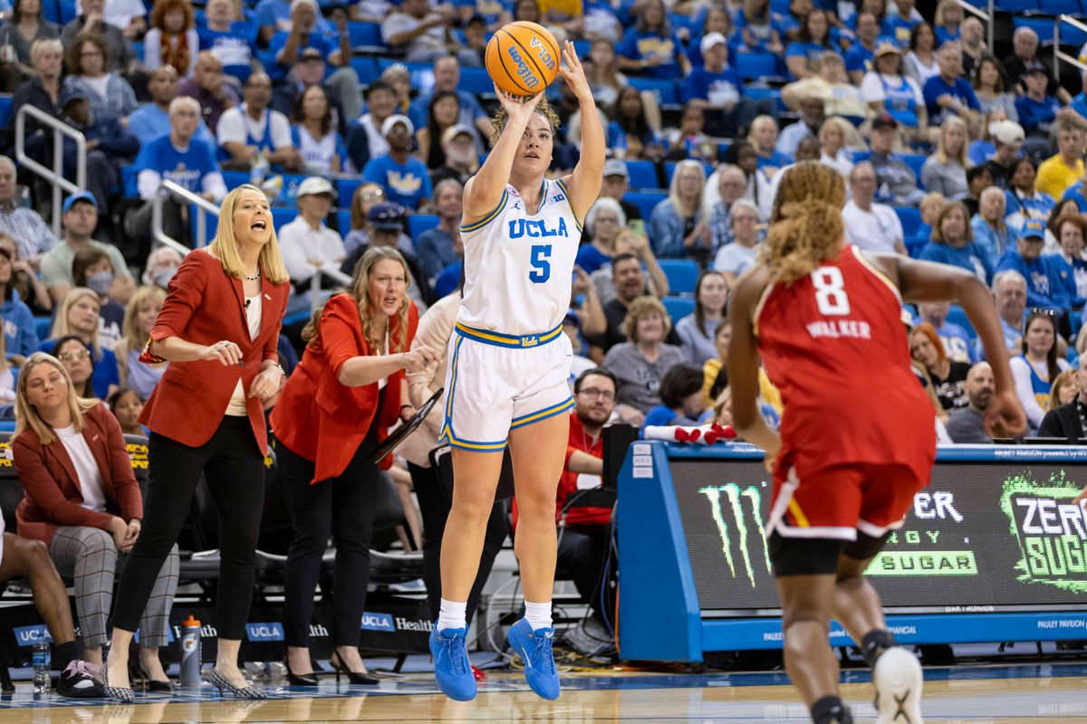 Charlisse Leger-Walker #5 of the UCLA Bruins shoots the ball during an NCAA basketball game against the Maryland Terrapins, Sunday January 18, 2026 in Los Angeles, Calif. Charlisse Leger-Walker #5 of the UCLA Bruins shoots the ball during an NCAA basketball game against the Maryland Terrapins, Sunday January 18, 2026 in Los Angeles, Calif.