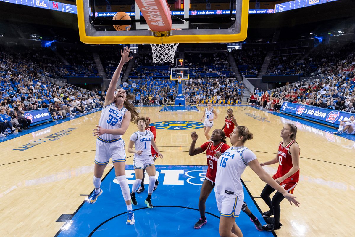 Angela Dugalić #32 of the UCLA Bruins lays the ball up during an NCAA basketball game against the Maryland Terrapins, Sunday January 18, 2026 in Los Angeles, Calif. Angela Dugalić #32 of the UCLA Bruins lays the ball up during an NCAA basketball game against the Maryland Terrapins, Sunday January 18, 2026 in Los Angeles, Calif.