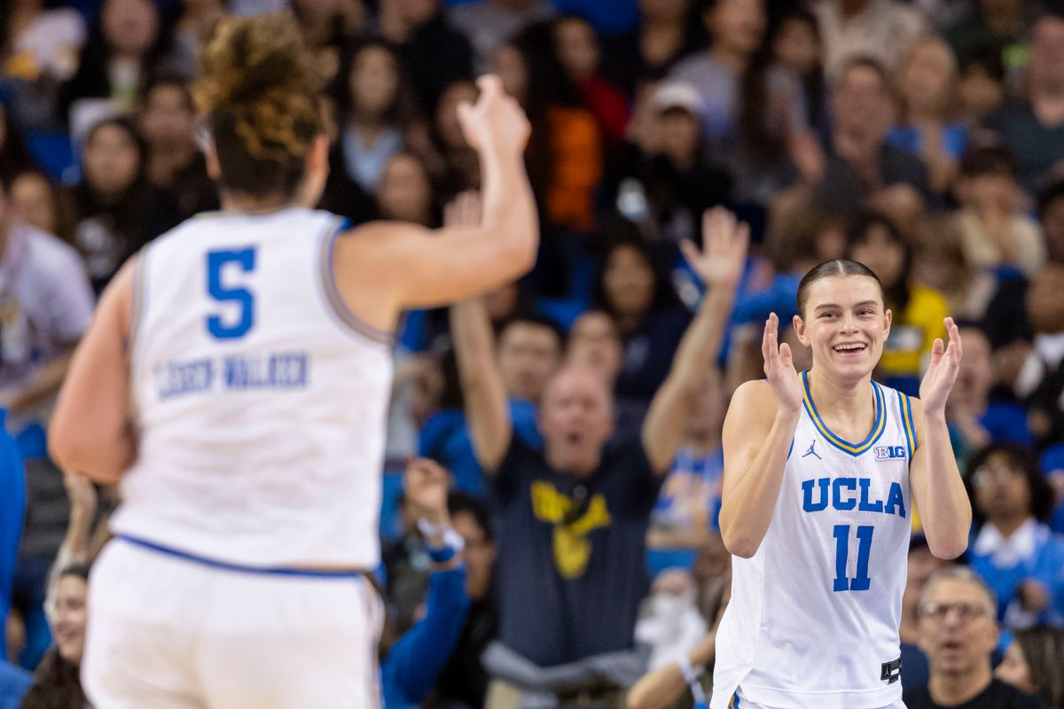 Gabriela Jaquez #11 and Charlisse Leger-Walker #5 of the UCLA Bruins celebrate after a play during an NCAA basketball game against the Maryland Terrapins, Sunday January 18, 2026 in Los Angeles, Calif. Gabriela Jaquez #11 and Charlisse Leger-Walker #5 of the UCLA Bruins celebrate after a play during an NCAA basketball game against the Maryland Terrapins, Sunday January 18, 2026 in Los Angeles, Calif.