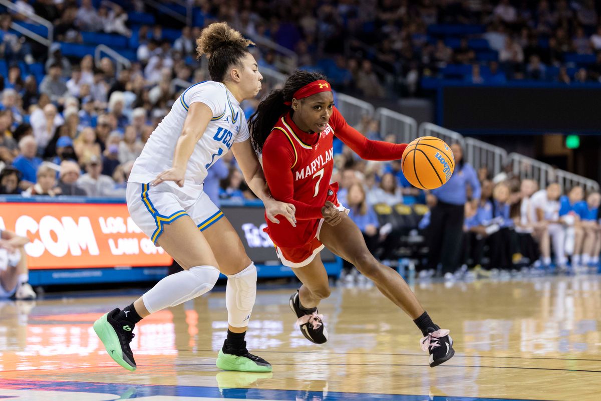 Oluchi Okananwa #7 of the Maryland Terrapins drives towards the basket during an NCAA basketball game against the UCLA Bruins, Sunday January 18, 2026 in Los Angeles, Calif. Oluchi Okananwa #7 of the Maryland Terrapins drives towards the basket during an NCAA basketball game against the UCLA Bruins, Sunday January 18, 2026 in Los Angeles, Calif.
