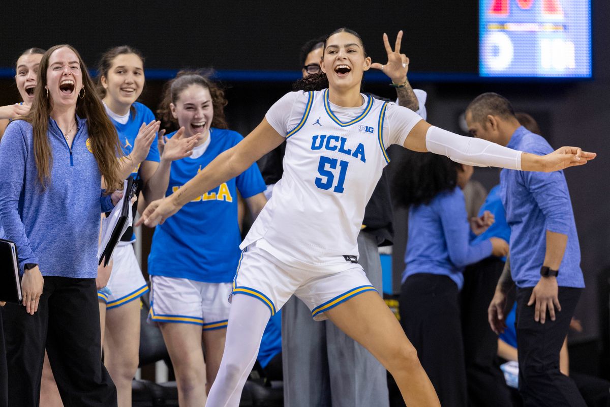 Lauren Betts #51 of the UCLA Bruins celebrates a made three point shot during an NCAA basketball game against the Maryland Terrapins, Sunday January 18, 2026 in Los Angeles, Calif. Lauren Betts #51 of the UCLA Bruins celebrates a made three point shot during an NCAA basketball game against the Maryland Terrapins, Sunday January 18, 2026 in Los Angeles, Calif.