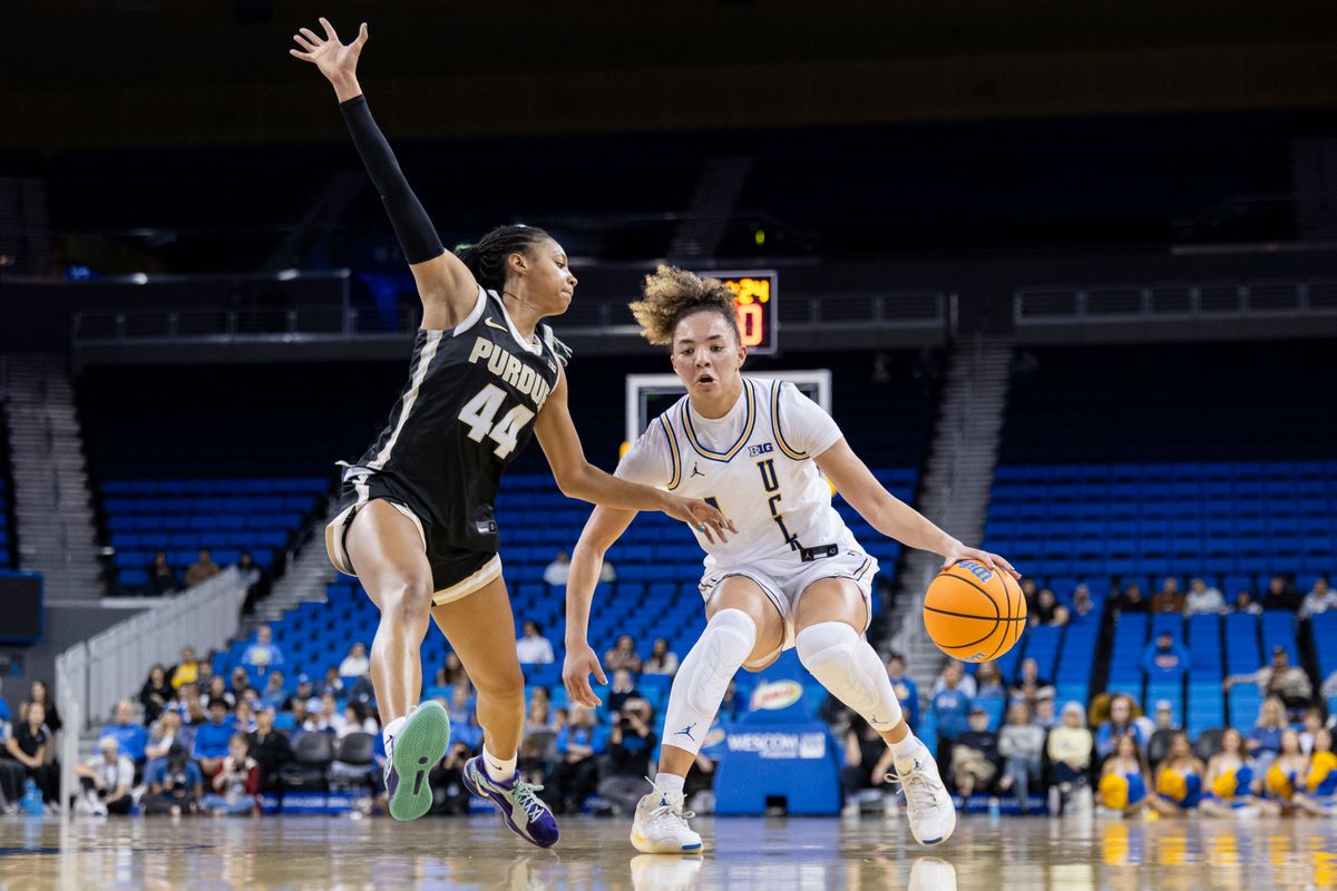 Kiki Rice #1 of the UCLA Bruins handles the ball during an NCAA basketball game against the Purdue Boilermakers, Wednesday January 21, 2026 in Los Angeles, Calif. Kiki Rice #1 of the UCLA Bruins handles the ball during an NCAA basketball game against the Purdue Boilermakers, Wednesday January 21, 2026 in Los Angeles, Calif.