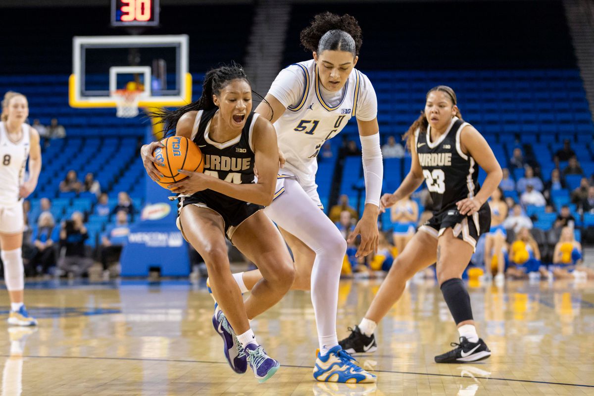 Tara Daye #44 of the Purdue Boilermakers grabs the ball during an NCAA basketball game against the UCLA Bruins, Wednesday January 21, 2026 in Los Angeles, Calif. Tara Daye #44 of the Purdue Boilermakers grabs the ball during an NCAA basketball game against the UCLA Bruins, Wednesday January 21, 2026 in Los Angeles, Calif.