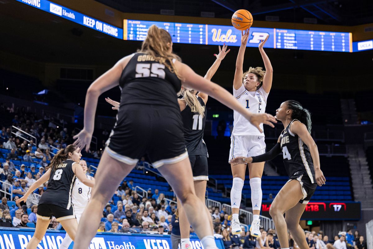 Kiki Rice #1 of the UCLA Bruins shoots the ball during an NCAA basketball game against the Purdue Boilermakers, Wednesday January 21, 2026 in Los Angeles, Calif. Kiki Rice #1 of the UCLA Bruins shoots the ball during an NCAA basketball game against the Purdue Boilermakers, Wednesday January 21, 2026 in Los Angeles, Calif.