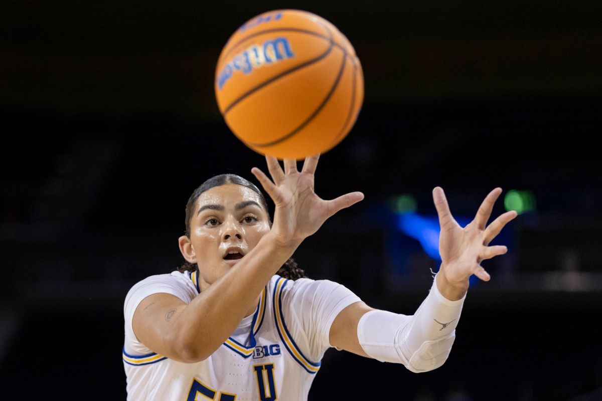 Lauren Betts #51 of the UCLA Bruins reaches for the ball during an NCAA basketball game against the Purdue Boilermakers, Wednesday January 21, 2026 in Los Angeles, Calif. Lauren Betts #51 of the UCLA Bruins reaches for the ball during an NCAA basketball game against the Purdue Boilermakers, Wednesday January 21, 2026 in Los Angeles, Calif.