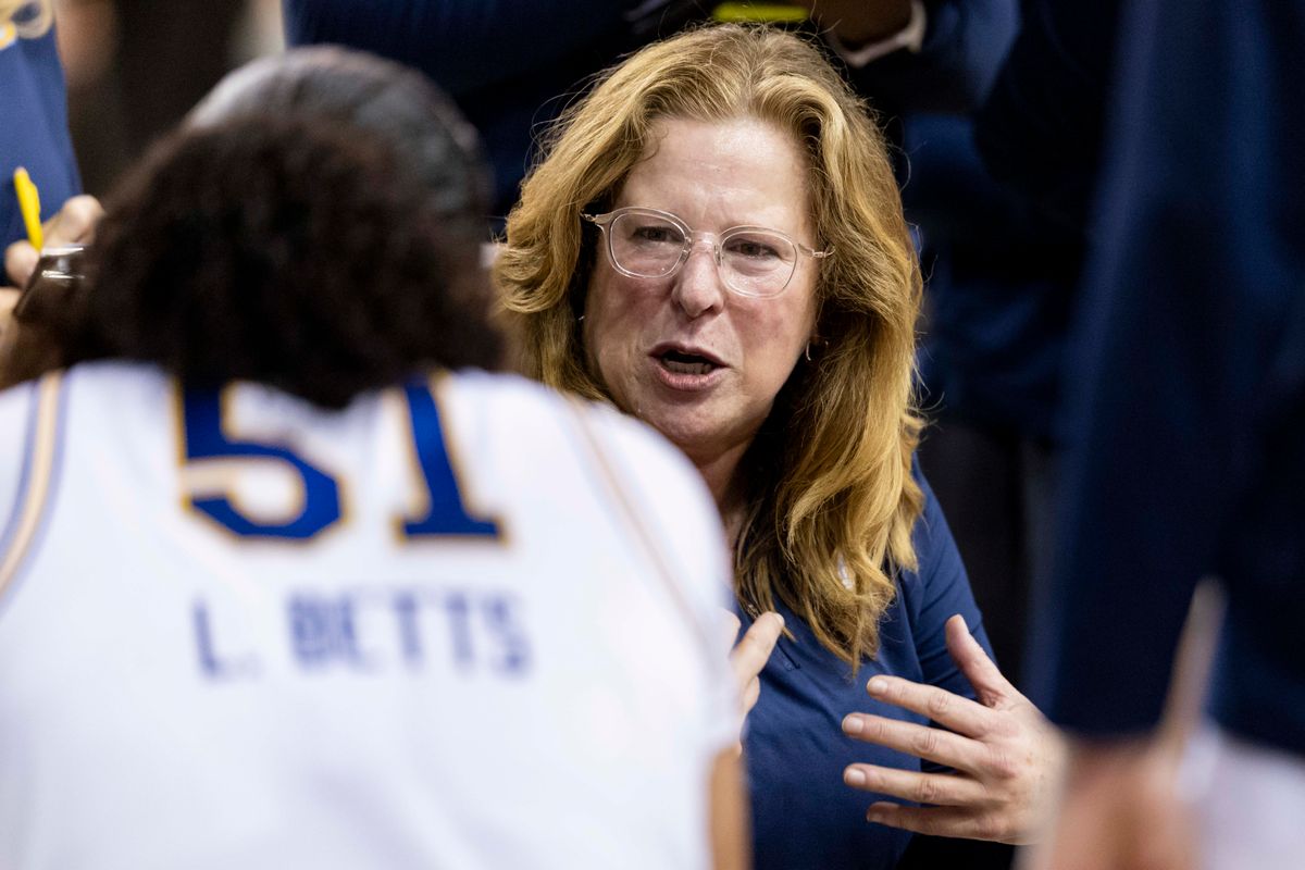 Head coach Cori Close of the UCLA Bruins talks to Lauren Betts #51 of the UCLA Bruins in the huddle during an NCAA basketball game against the Purdue Boilermakers, Wednesday January 21, 2026 in Los Angeles, Calif. Head coach Cori Close of the UCLA Bruins talks to Lauren Betts #51 of the UCLA Bruins in the huddle during an NCAA basketball game against the Purdue Boilermakers, Wednesday January 21, 2026 in Los Angeles, Calif.