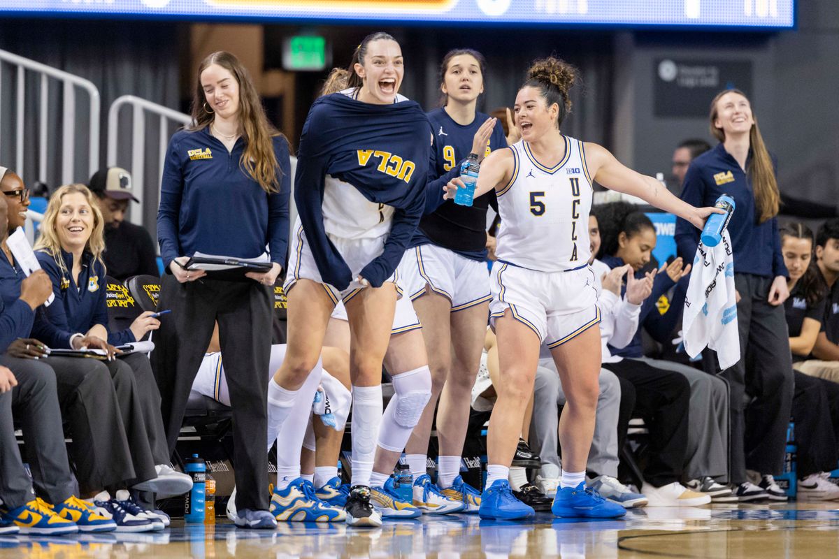 The UCLA Bruins bench celebrates during an NCAA basketball game against the Purdue Boilermakers, Wednesday January 21, 2026 in Los Angeles, Calif. The UCLA Bruins bench celebrates during an NCAA basketball game against the Purdue Boilermakers, Wednesday January 21, 2026 in Los Angeles, Calif.