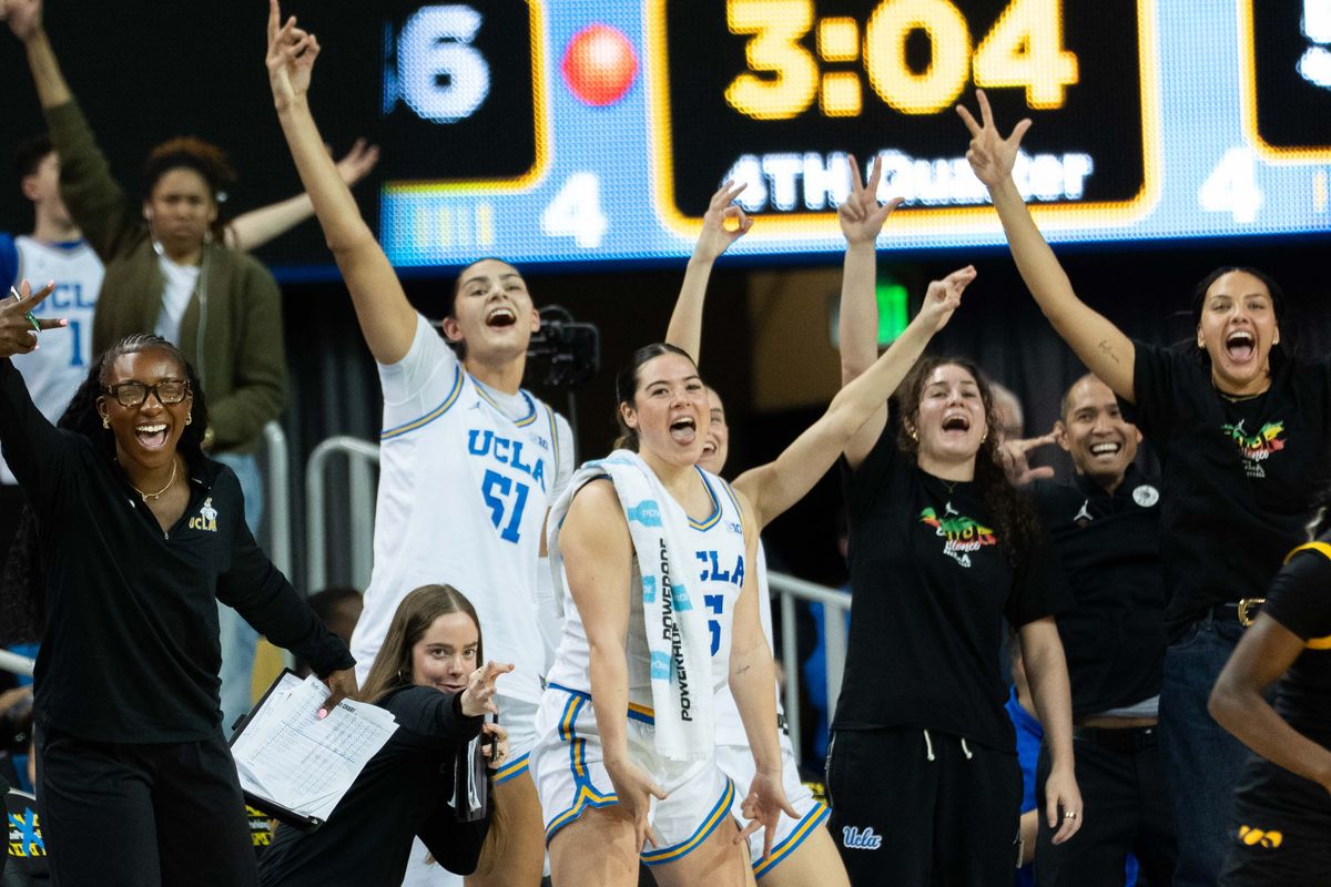 UCLA bench celebrates a three-pointer during a Big 10 basketball game against Iowa, Sunday February 1st, 2026 in Los Angeles, California UCLA bench celebrates a three-pointer during a Big 10 basketball game against Iowa, Sunday February 1st, 2026 in Los Angeles, California