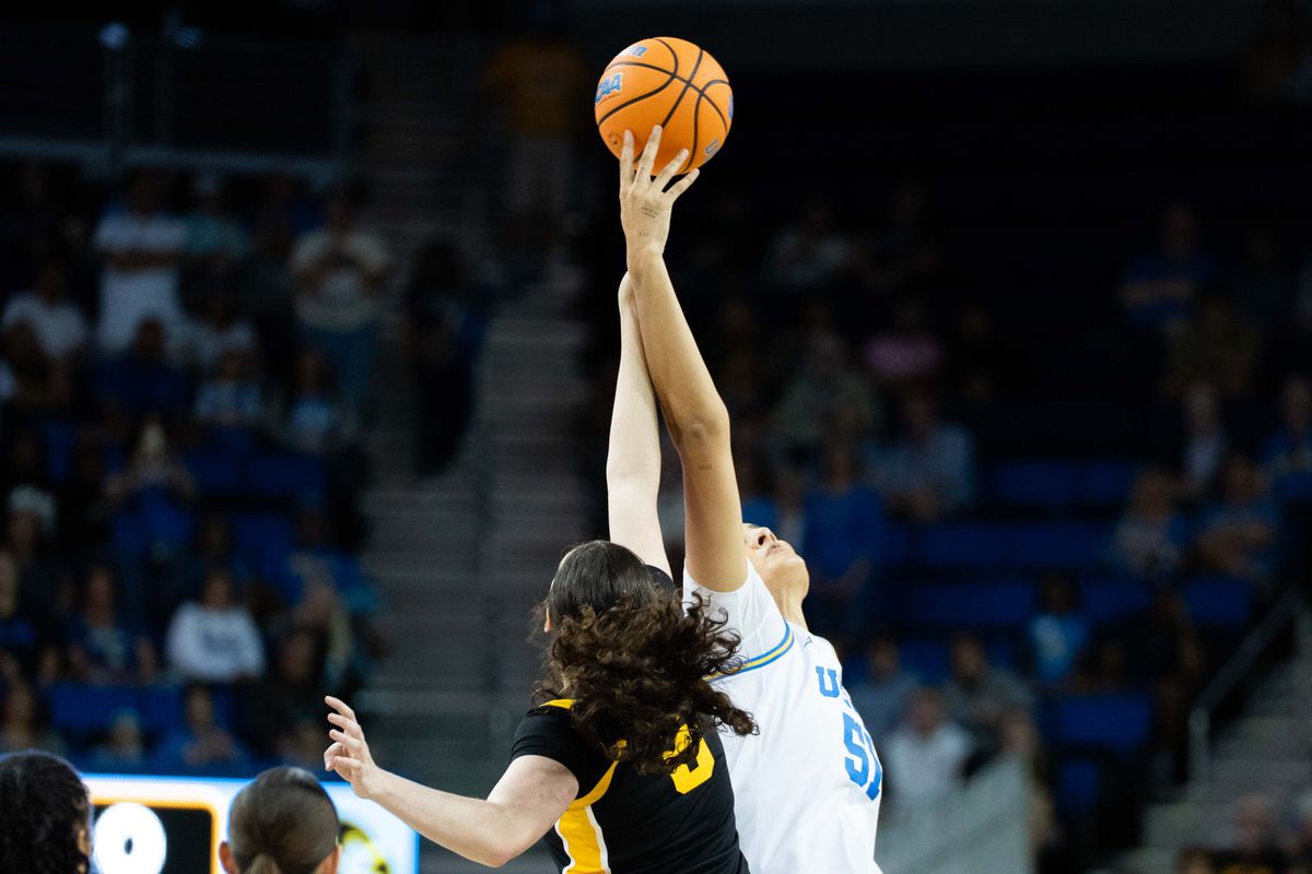 UCLA center Lauren Betts (51) jumps for tip-off during a Big 10 basketball game against Iowa, Sunday February 1st, 2026 in Los Angeles, California UCLA center Lauren Betts (51) jumps for tip-off during a Big 10 basketball game against Iowa, Sunday February 1st, 2026 in Los Angeles, California