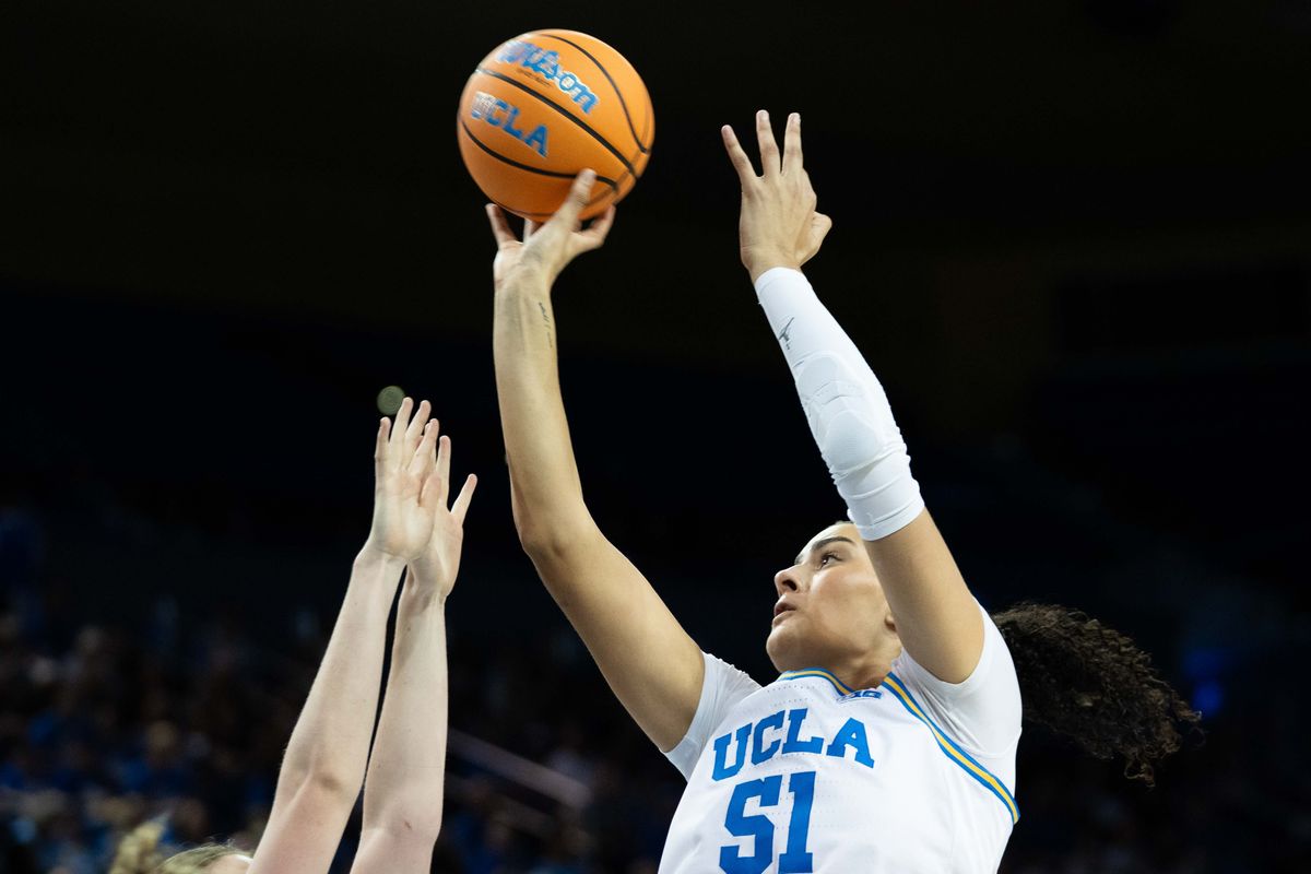 UCLA center Lauren Betts (51) shoots the ball during a Big 10 basketball game against Iowa, Sunday February 1st, 2026 in Los Angeles, California UCLA center Lauren Betts (51) shoots the ball during a Big 10 basketball game against Iowa, Sunday February 1st, 2026 in Los Angeles, California