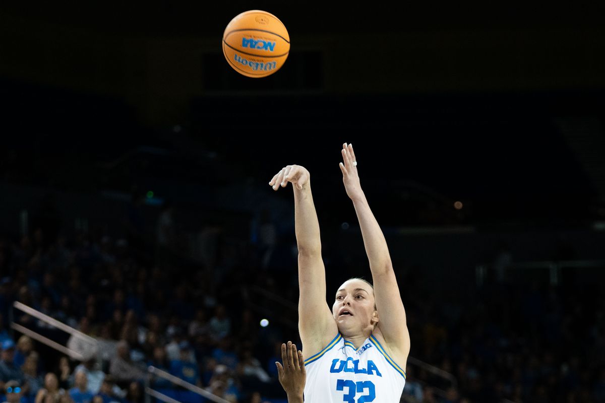 UCLA forward Angela Dugalic (32) shoots the ball during a Big 10 basketball game against Iowa, Sunday February 1st, 2026 in Los Angeles, California UCLA forward Angela Dugalic (32) shoots the ball during a Big 10 basketball game against Iowa, Sunday February 1st, 2026 in Los Angeles, California