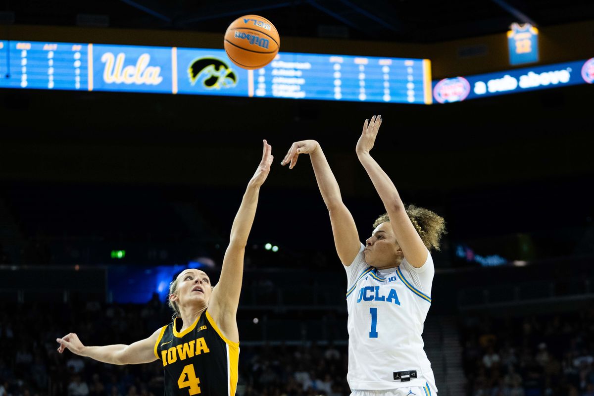 UCLA guard Kiki Rice (1) shoots the ball during a Big 10 basketball game against Iowa, Sunday February 1st, 2026 in Los Angeles, California UCLA guard Kiki Rice (1) shoots the ball during a Big 10 basketball game against Iowa, Sunday February 1st, 2026 in Los Angeles, California