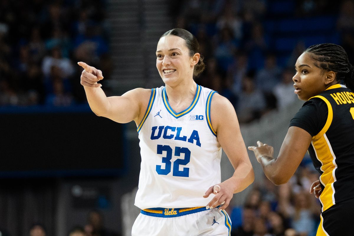 UCLA forward Angela Dugalic (32) celebrates a made shot during a Big 10 basketball game against Iowa, Sunday February 1st, 2026 in Los Angeles, California UCLA forward Angela Dugalic (32) celebrates a made shot during a Big 10 basketball game against Iowa, Sunday February 1st, 2026 in Los Angeles, California