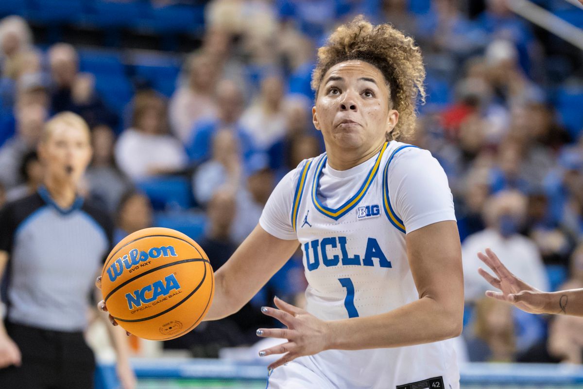 Kiki Rice #1 of the UCLA Bruins drives towards the basket during an NCAA basketball game against the Rutgers Scarlet Knights, Wednesday February 4, 2026 in Los Angeles, Calif. Kiki Rice #1 of the UCLA Bruins drives towards the basket during an NCAA basketball game against the Rutgers Scarlet Knights, Wednesday February 4, 2026 in Los Angeles, Calif.