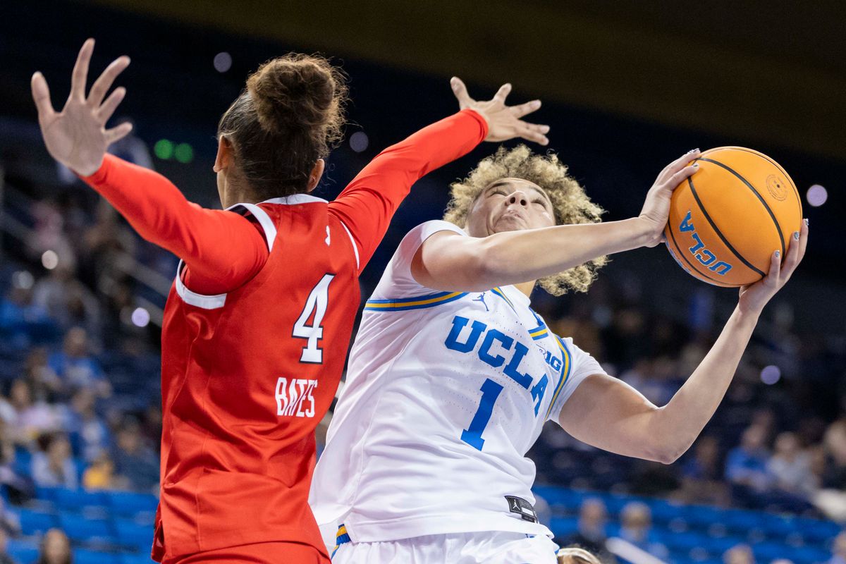 Kiki Rice #1 of the UCLA Bruins drives towards the basket during an NCAA basketball game against the Rutgers Scarlet Knights, Wednesday February 4, 2026 in Los Angeles, Calif. Kiki Rice #1 of the UCLA Bruins drives towards the basket during an NCAA basketball game against the Rutgers Scarlet Knights, Wednesday February 4, 2026 in Los Angeles, Calif.