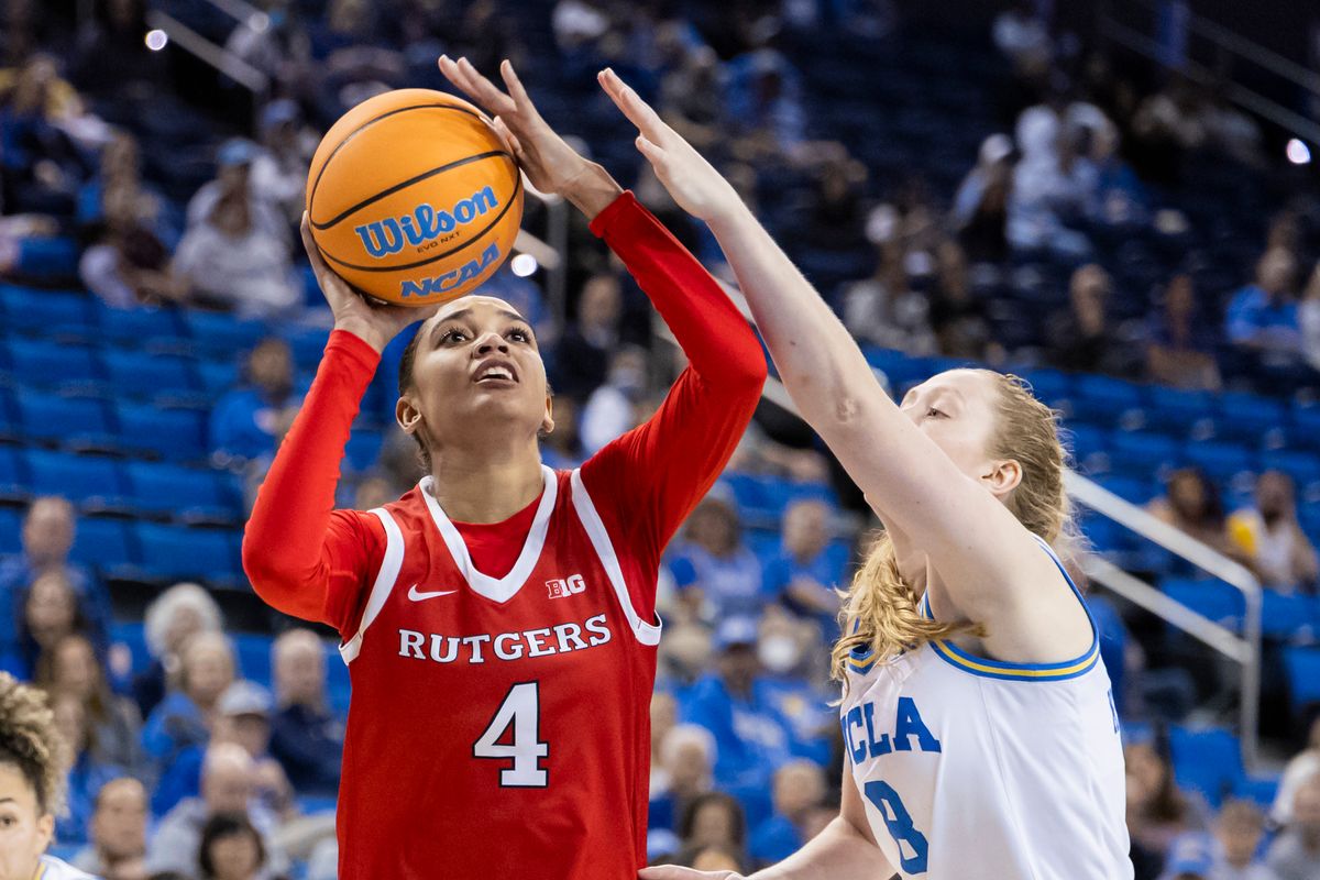 Antonia Bates #4 of the Rutgers Scarlet Knights shoots the ball during an NCAA basketball game against the UCLA Bruins, Wednesday February 4, 2026 in Los Angeles, Calif. Antonia Bates #4 of the Rutgers Scarlet Knights shoots the ball during an NCAA basketball game against the UCLA Bruins, Wednesday February 4, 2026 in Los Angeles, Calif.