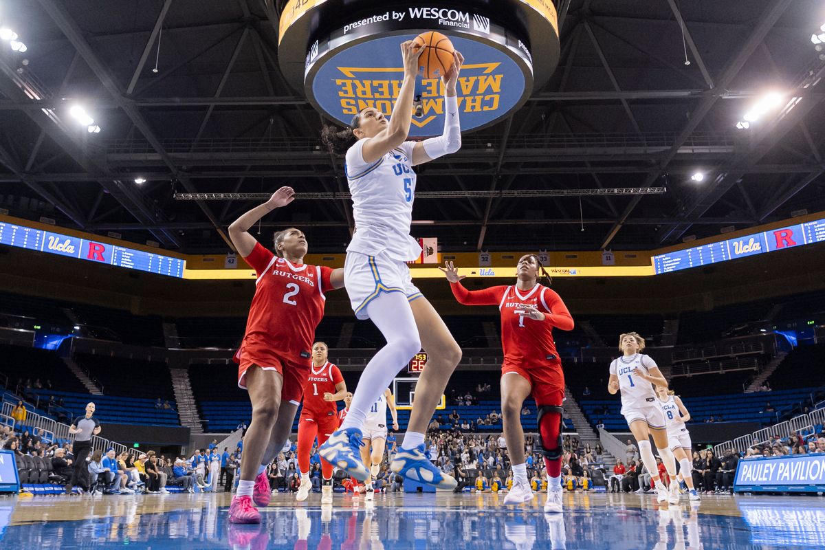 Lauren Betts #51 of the UCLA Bruins grabs the ball during an NCAA basketball game against the Rutgers Scarlet Knights, Wednesday February 4, 2026 in Los Angeles, Calif. Lauren Betts #51 of the UCLA Bruins grabs the ball during an NCAA basketball game against the Rutgers Scarlet Knights, Wednesday February 4, 2026 in Los Angeles, Calif.