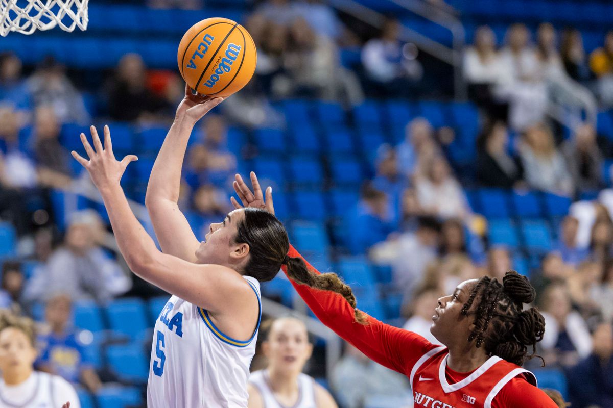 Charlisse Leger-Walker #5 of the UCLA Bruins lays the ball up during an NCAA basketball game against the Rutgers Scarlet Knights, Wednesday February 4, 2026 in Los Angeles, Calif. Charlisse Leger-Walker #5 of the UCLA Bruins lays the ball up during an NCAA basketball game against the Rutgers Scarlet Knights, Wednesday February 4, 2026 in Los Angeles, Calif.