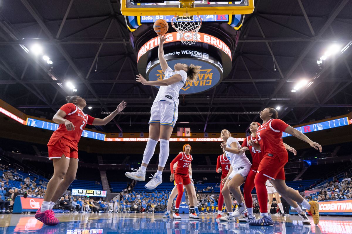 Kiki Rice #1 of the UCLA Bruins lays the ball up during an NCAA basketball game against the Rutgers Scarlet Knights, Wednesday February 4, 2026 in Los Angeles, Calif. Kiki Rice #1 of the UCLA Bruins lays the ball up during an NCAA basketball game against the Rutgers Scarlet Knights, Wednesday February 4, 2026 in Los Angeles, Calif.