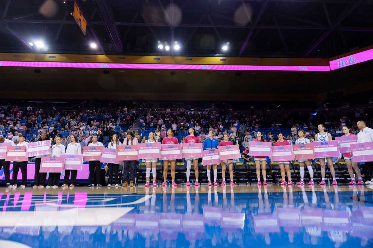 The UCLA Bruins stand on the sideline with signs indicating who they are playing for in the Play4Kay Pink game supporting the fight against all cancers affecting women, February 15, 2026 in Los Angeles, Calif.