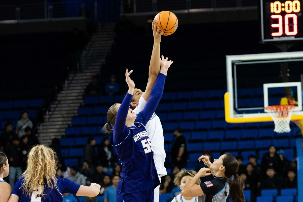 UCLA center Lauren Betts (51) jumps for tip-off during a Big 10 basketball game against Washington, Thursday February 19th, 2026 in Los Angeles, California