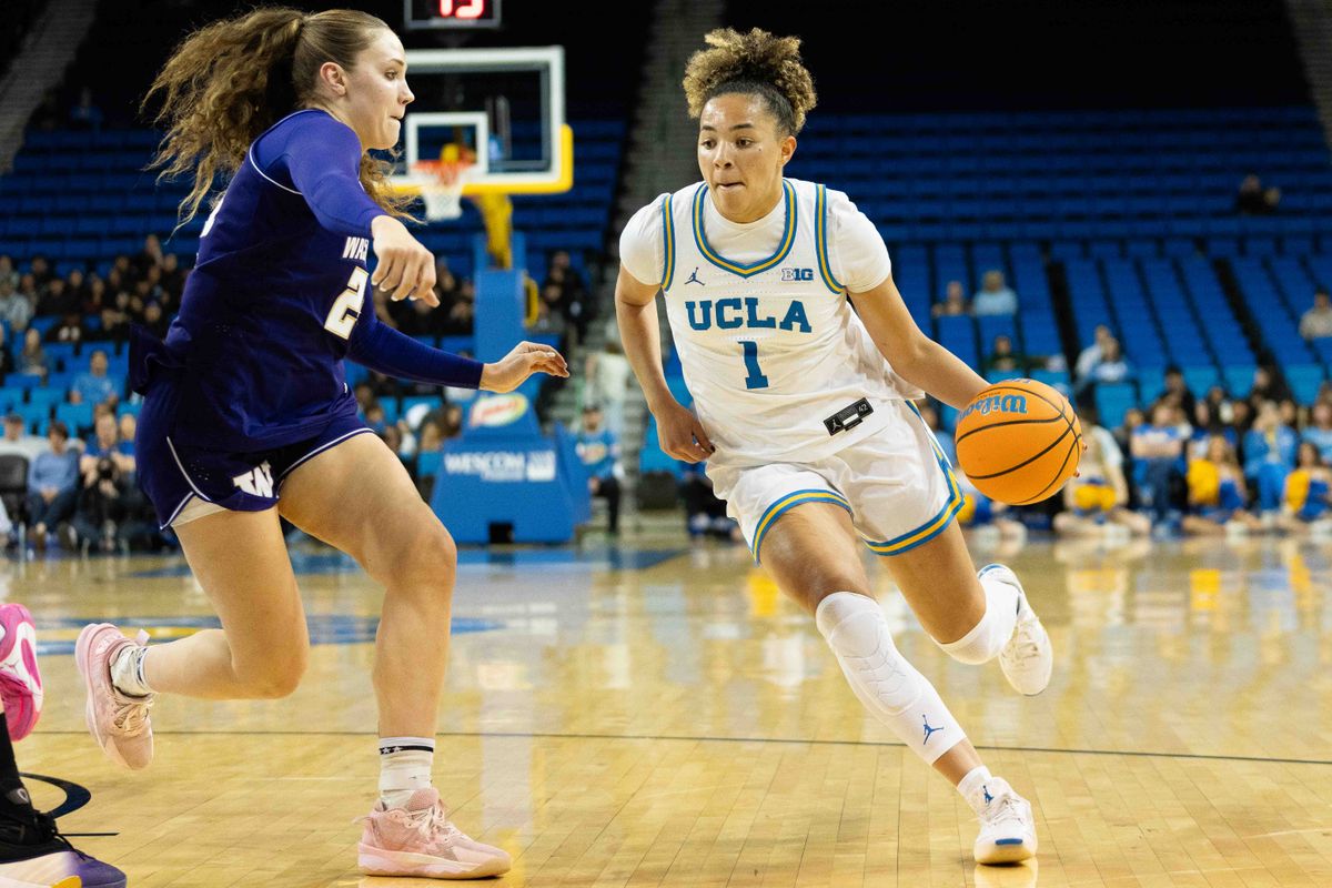 UCLA guard Kiki Rice (1) attacks the lane during a Big 10 basketball game against Washington, Thursday February 19th, 2026 in Los Angeles, California