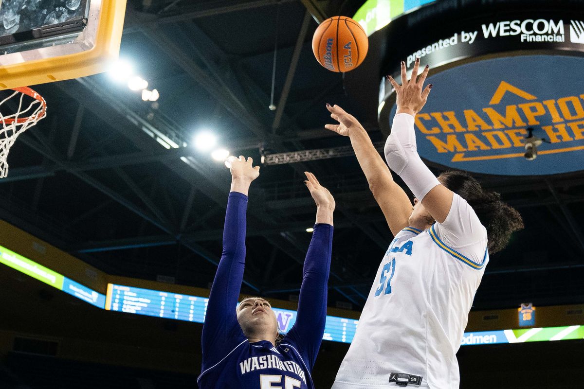 UCLA center Lauren Betts (51) takes a jumpshot during a Big 10 basketball game against Washington, Thursday February 19th, 2026 in Los Angeles, California