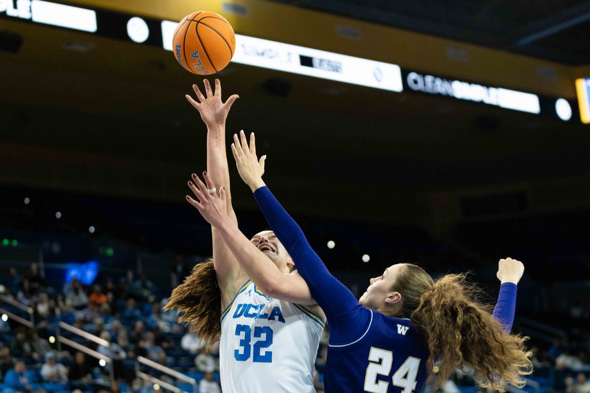 UCLA forward Angela Dugalic (32) shoots the ball during a Big 10 basketball game against Washington, Thursday February 19th, 2026 in Los Angeles, California