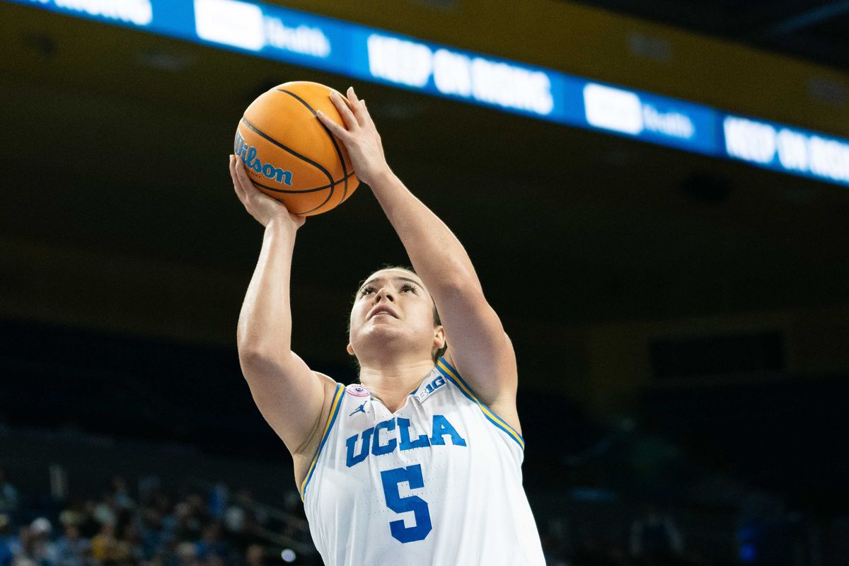 UCLA guard Charlisse Leger-Walker (5) driving in during a Big 10 basketball game against Washington, Thursday February 19th, 2026 in Los Angeles, California