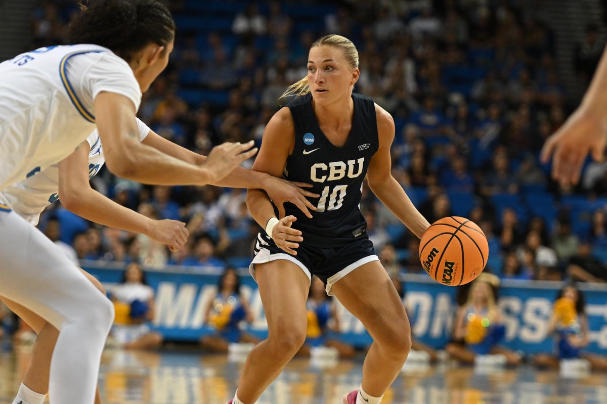 CBU guard Chance Bucher #10 looks for a team mate during an NCAA Women's Basketball game between California Baptist University and University of California Los Angeles on Saturday, March 21, 2026 at Pauley Pavilion in Los Angeles Calif CBU guard Chance Bucher #10 looks for a team mate during an NCAA Women's Basketball game between California Baptist University and University of California Los Angeles on Saturday, March 21, 2026 at Pauley Pavilion in Los Angeles Calif