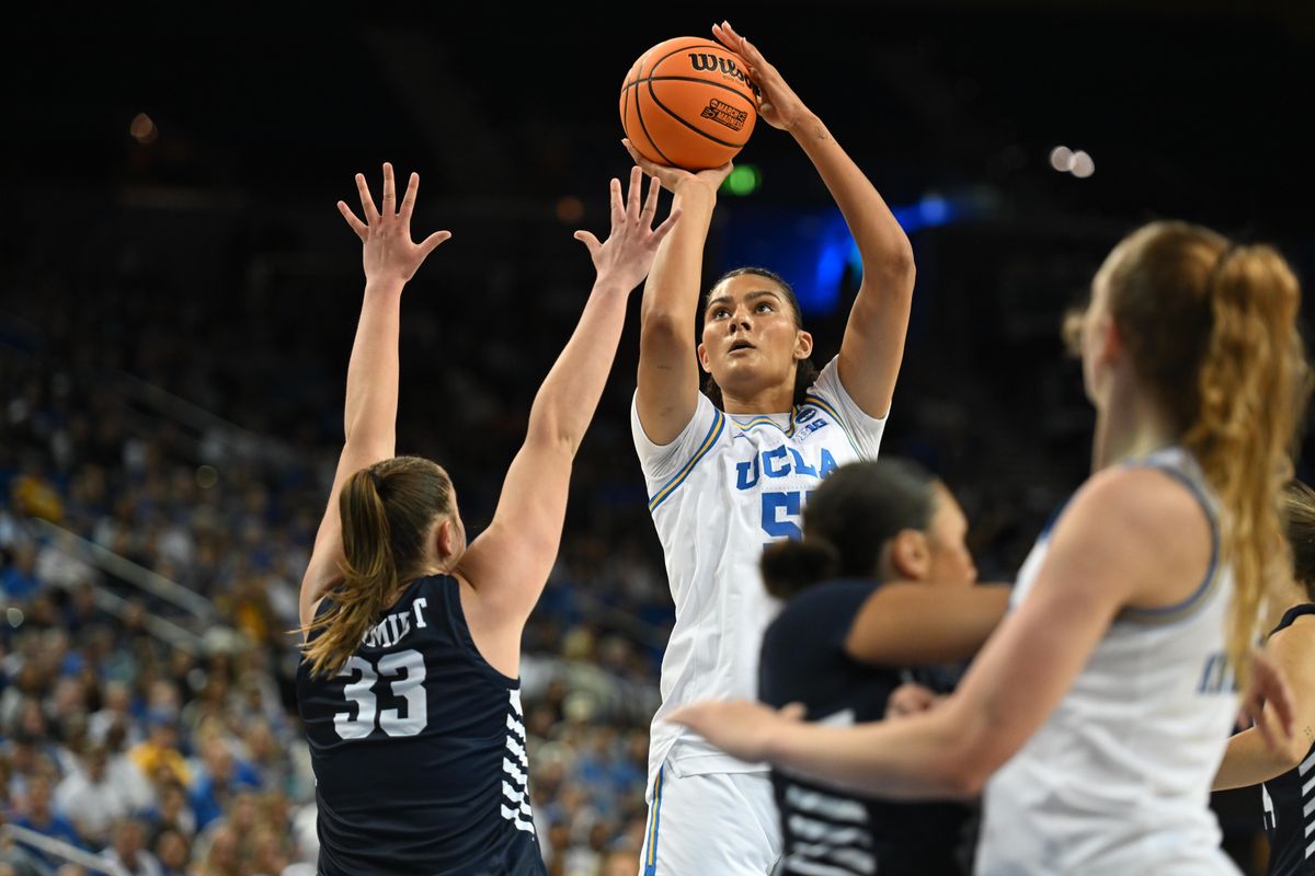 UCLA center Lauren Betts #51 takes a jump shot during an NCAA Women's Basketball game between California Baptist University and University of California Los Angeles on Saturday, March 21, 2026 at Pauley Pavilion in Los Angeles Calif UCLA center Lauren Betts #51 takes a jump shot during an NCAA Women's Basketball game between California Baptist University and University of California Los Angeles on Saturday, March 21, 2026 at Pauley Pavilion in Los Angeles Calif